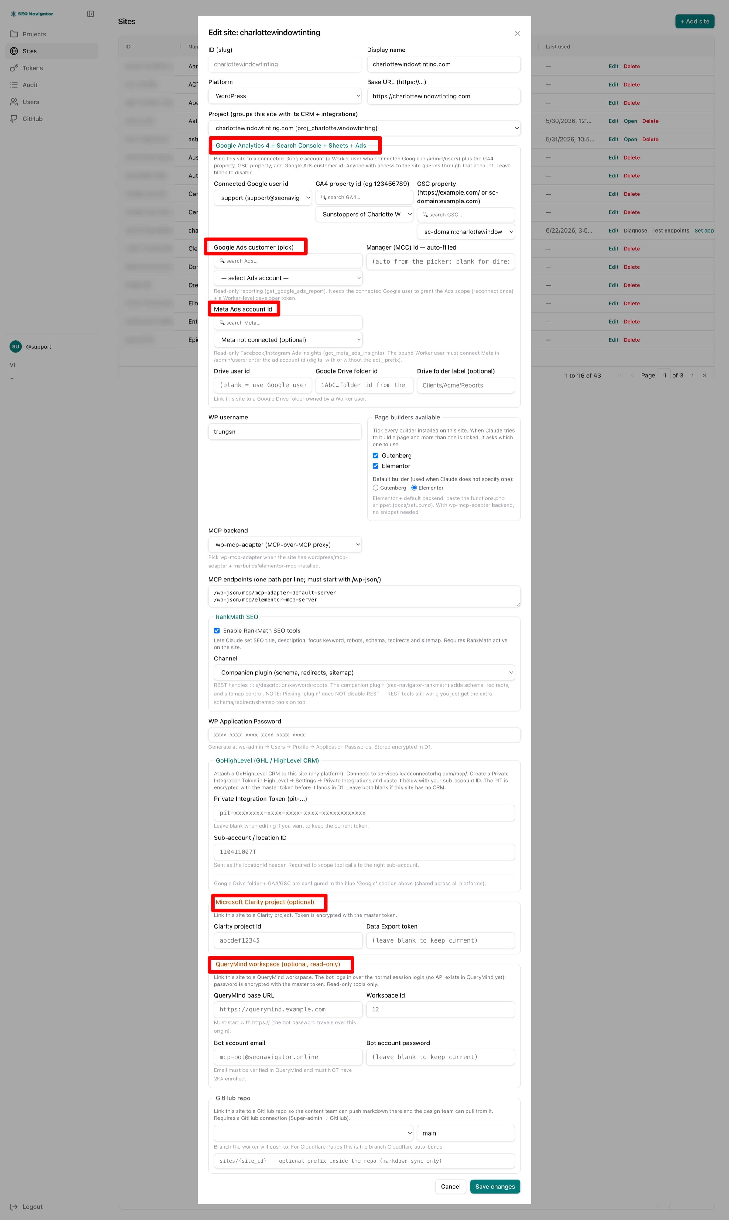 SEO Navigator MCP admin — site record with all bindings