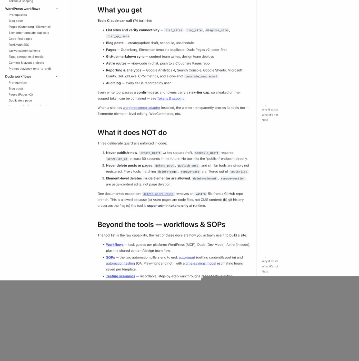 SEO Navigator MCP docs — what the MCP is, the tools Claude can call, and its guardrails