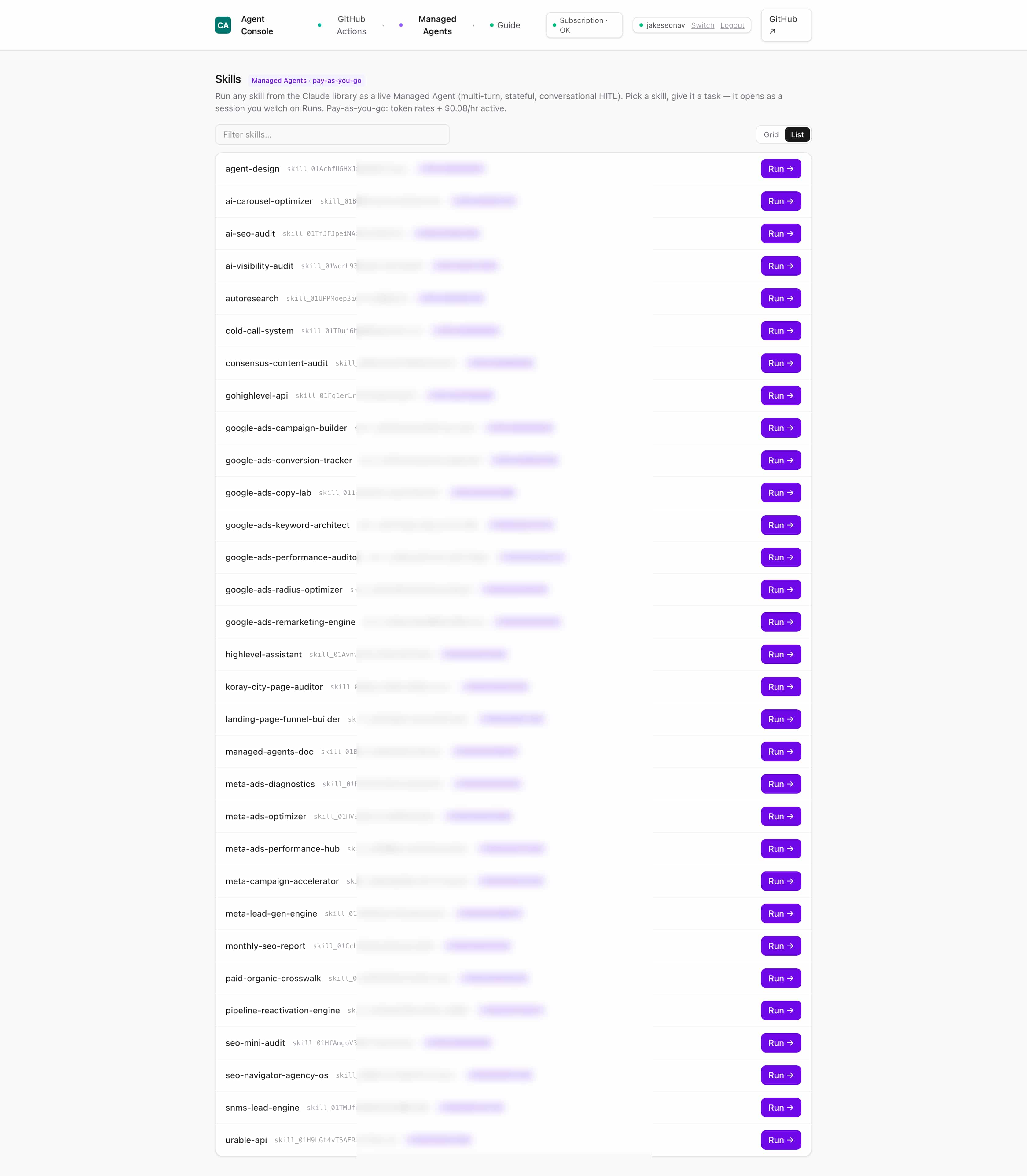 Agent Console — skills library with Run buttons