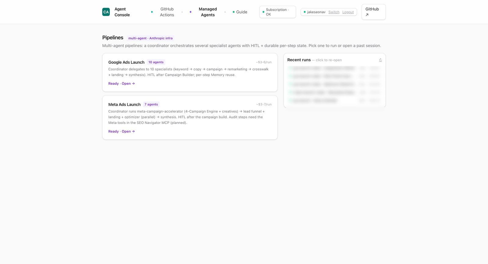 Agent Console — multi-agent launch pipelines for Google and Meta Ads