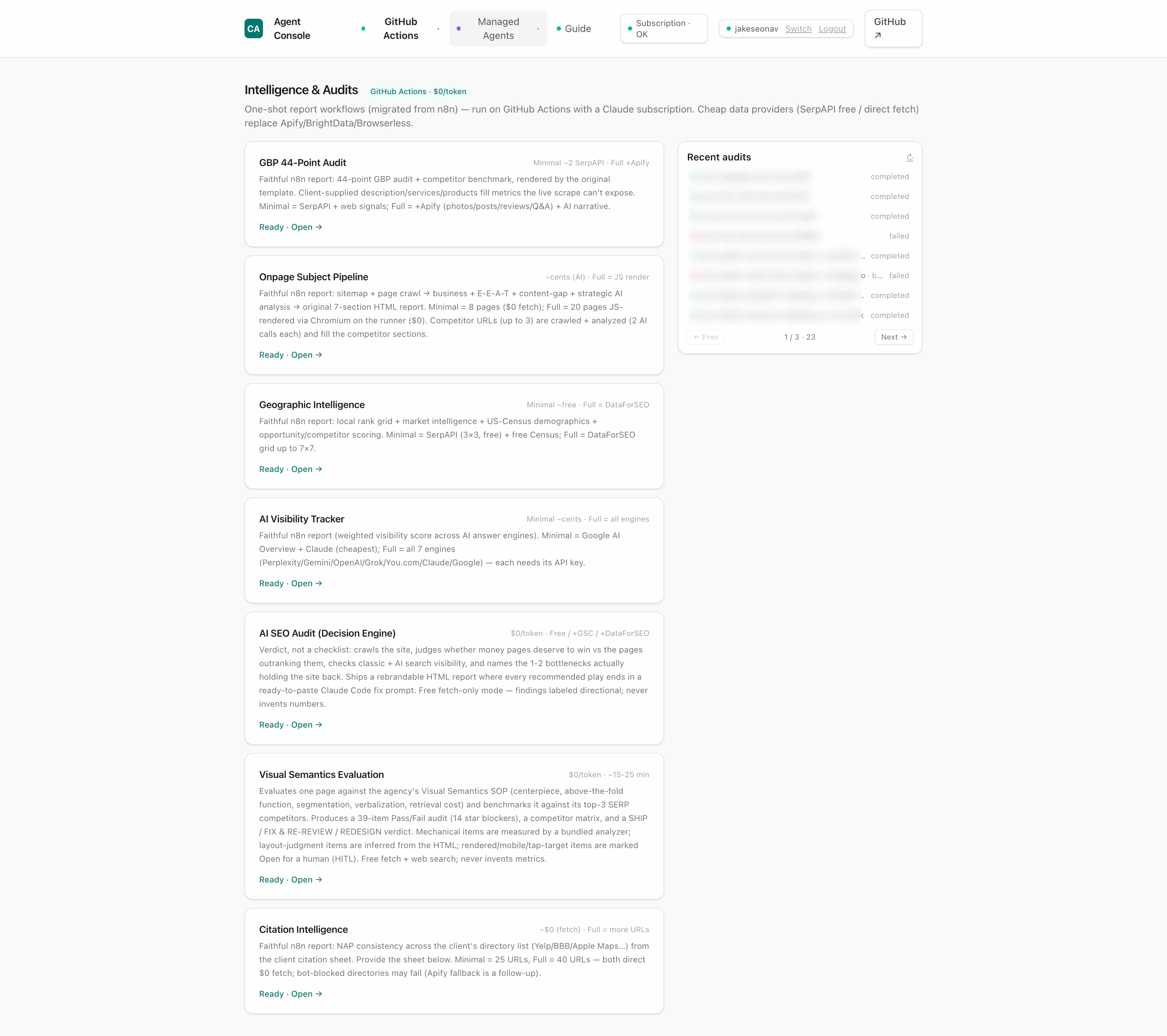 Agent Console — local SEO intelligence and audit modules