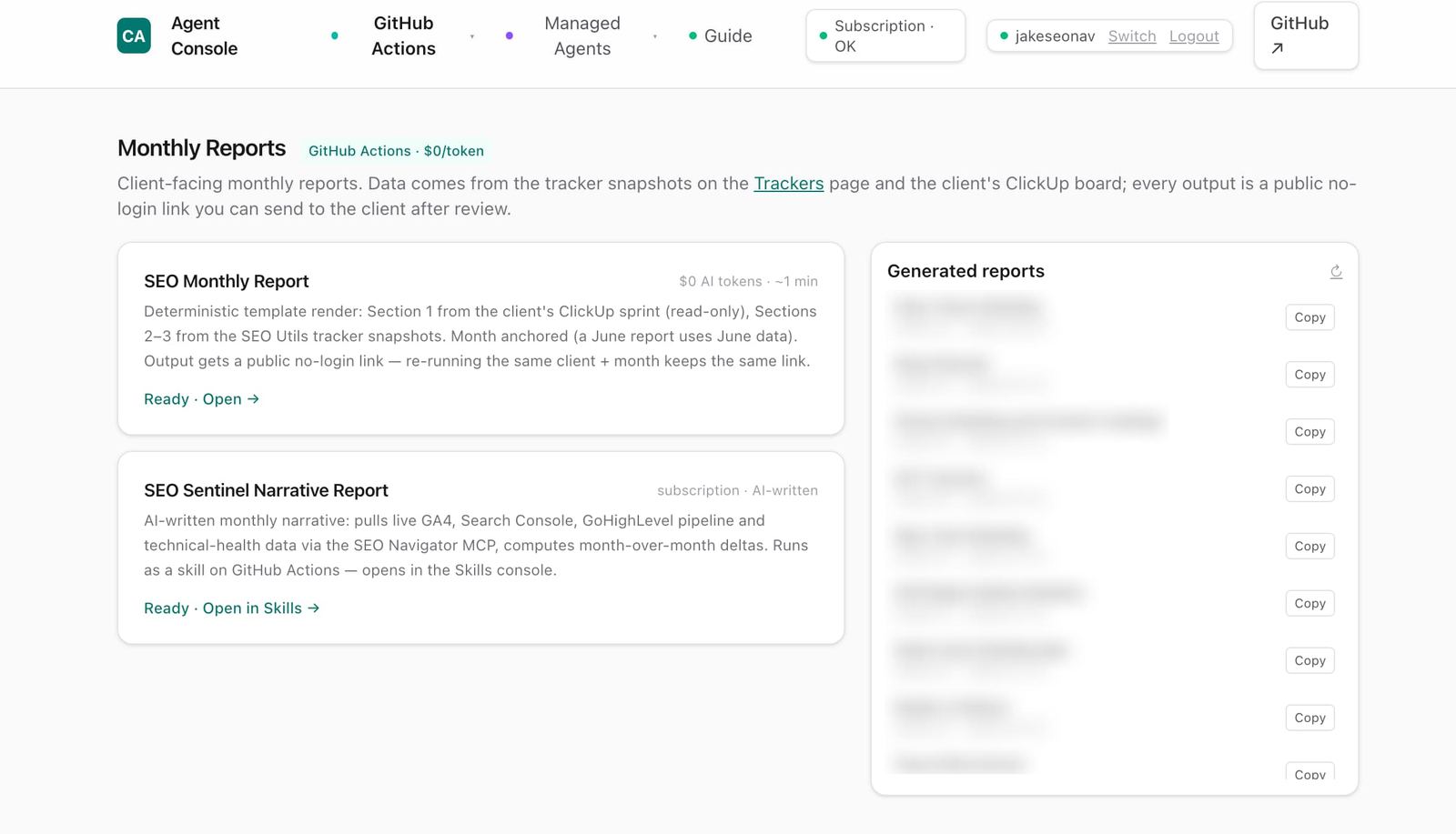 Agent Console — monthly reports with public no-login links