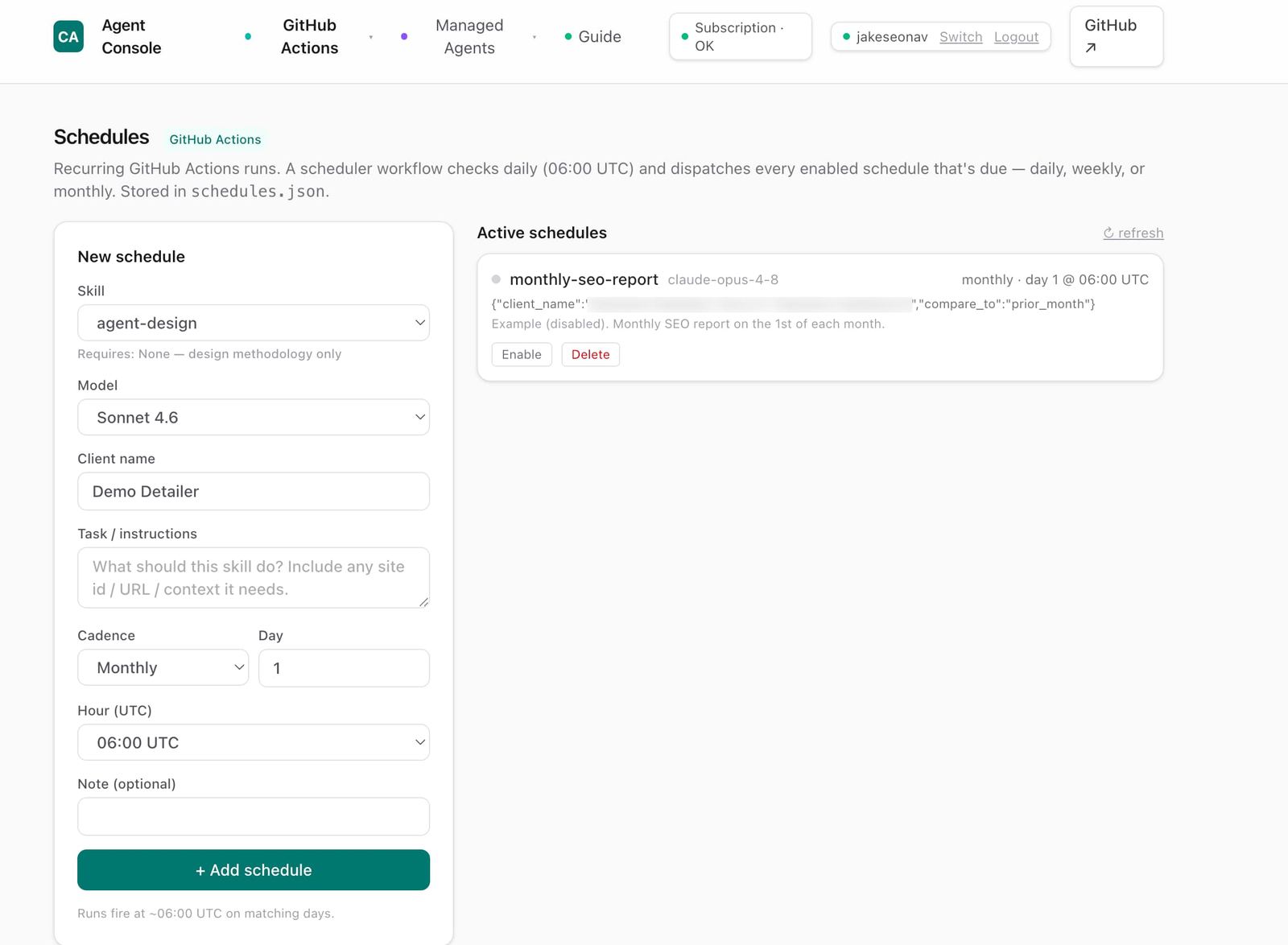 Agent Console — schedules for recurring automation runs