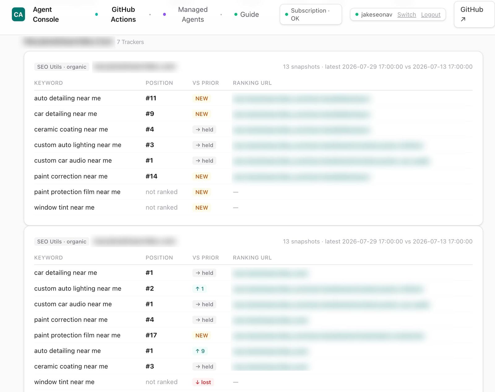 Agent Console — organic rank trackers per location